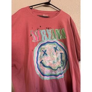 Vintage Nirvana "Nevermind" Smiley Face T-Shirt – Faded Pink – L/XL – Distressed